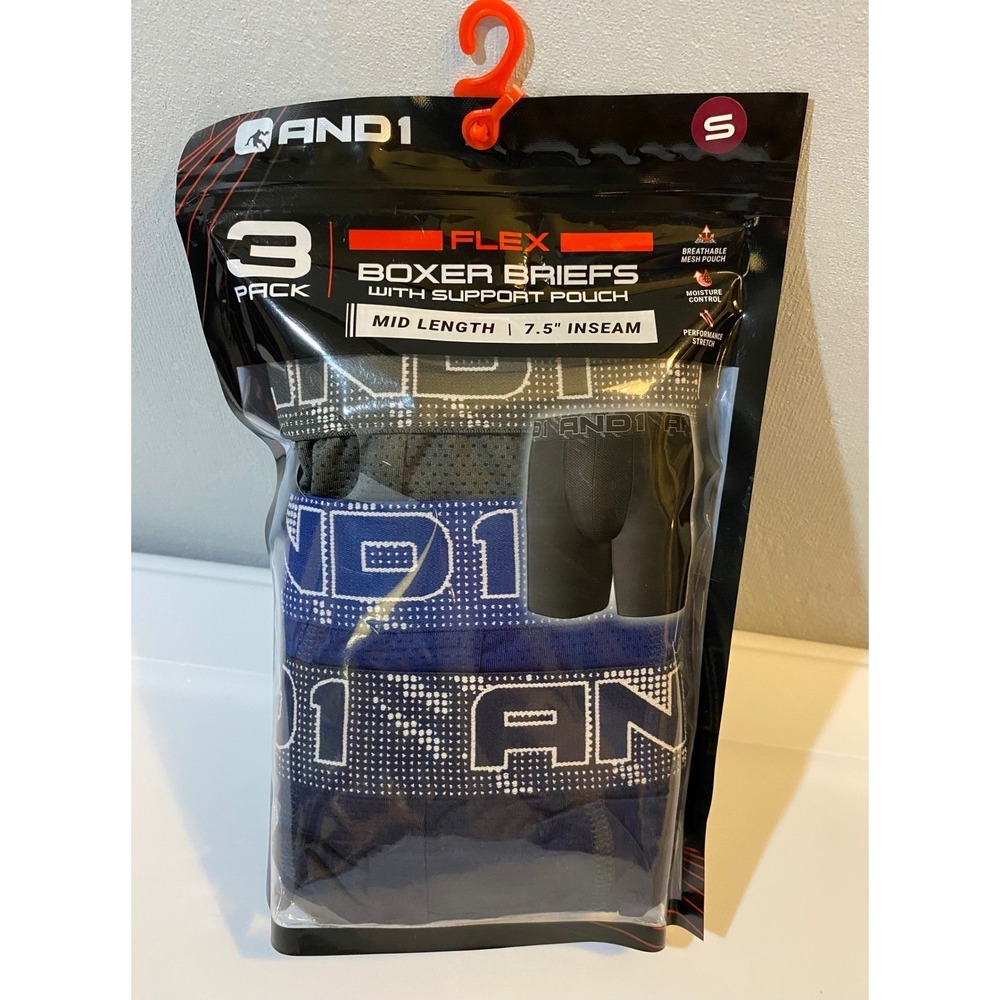 AND1 Flex Boxer Briefs 3 Pack Mens Small 28-30 Blue Grey Black 7.5‎ Inseam NEW